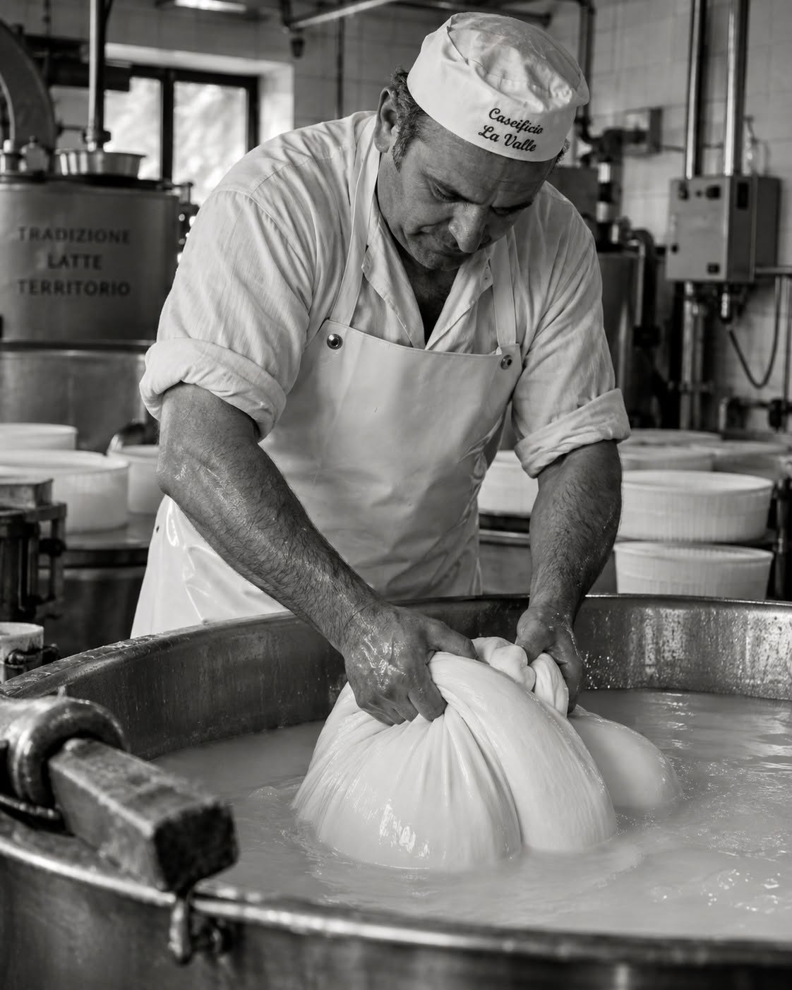 Casaro durante la lavorazione manuale della massa di formaggio
